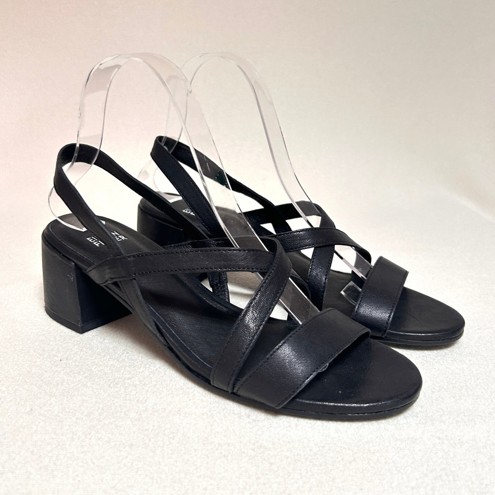 Eileen Fisher Sandals Size 9 Black Leather Strappy Block Heel
